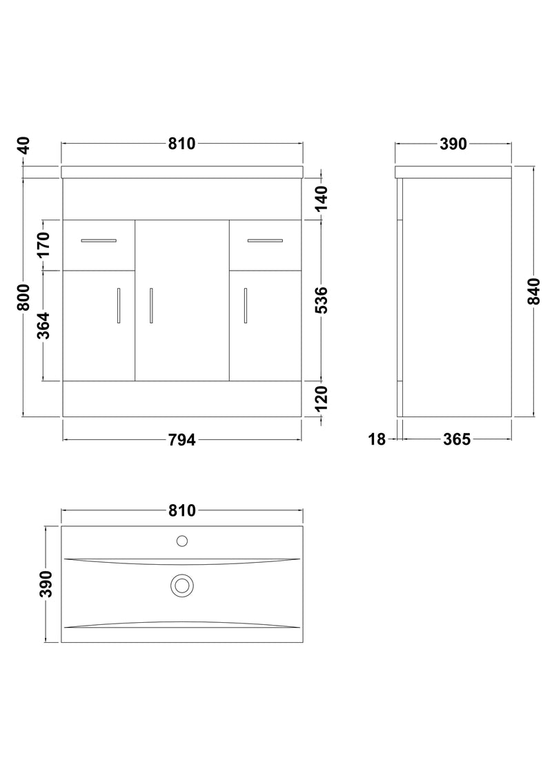 Nuie Eden 800mm Gloss White floor standing vanity unit with minimalist basin - dimensioned line drawing