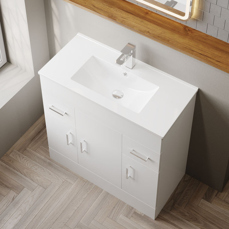 Nuie Eden 800mm Gloss White floor standing vanity unit with minimalist basin - bathroom lifestyle setting