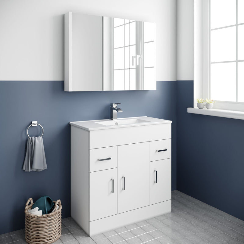 Nuie Eden 800mm Gloss White floor standing vanity unit with minimalist basin - bathroom lifestyle setting