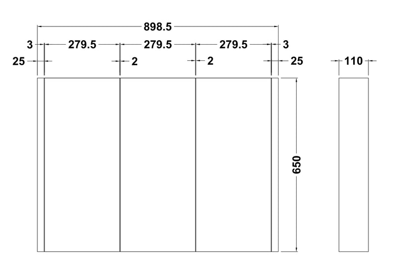Nuie Eden 899mm Gloss White wall hung mirror cabinet - dimensioned line drawing