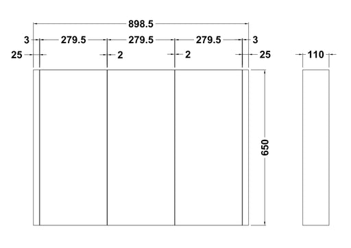 Nuie Eden 899mm Gloss White wall hung mirror cabinet - dimensioned line drawing