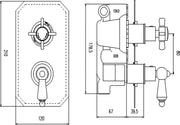 Nuie Edwardian Chrome Twin Thermostatic Concealed Shower Valve dimensions line drawing