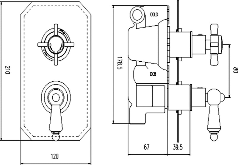 Nuie Edwardian Chrome Twin Thermostatic Concealed Shower Valve dimensions line drawing