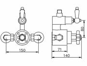 Nuie Edwardian Chrome Twin Thermostatic Exposed Shower Valve & Rigid Riser dimensions line drawing