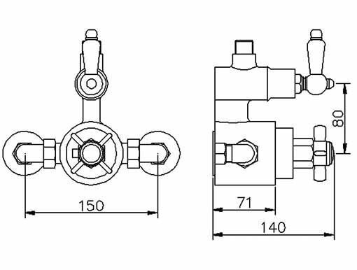 Nuie Edwardian Chrome Twin Thermostatic Exposed Shower Valve & Rigid Riser dimensions line drawing