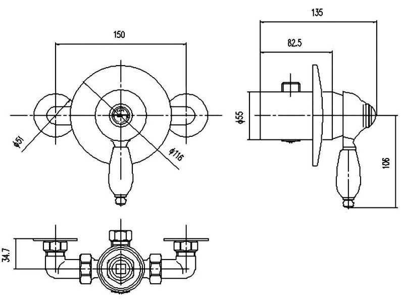 Nuie Edwardian Exposed Shower Valve Chrome (A3201) line drawing