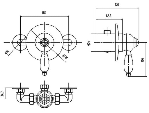 Nuie Edwardian Exposed Shower Valve Chrome (A3201) line drawing