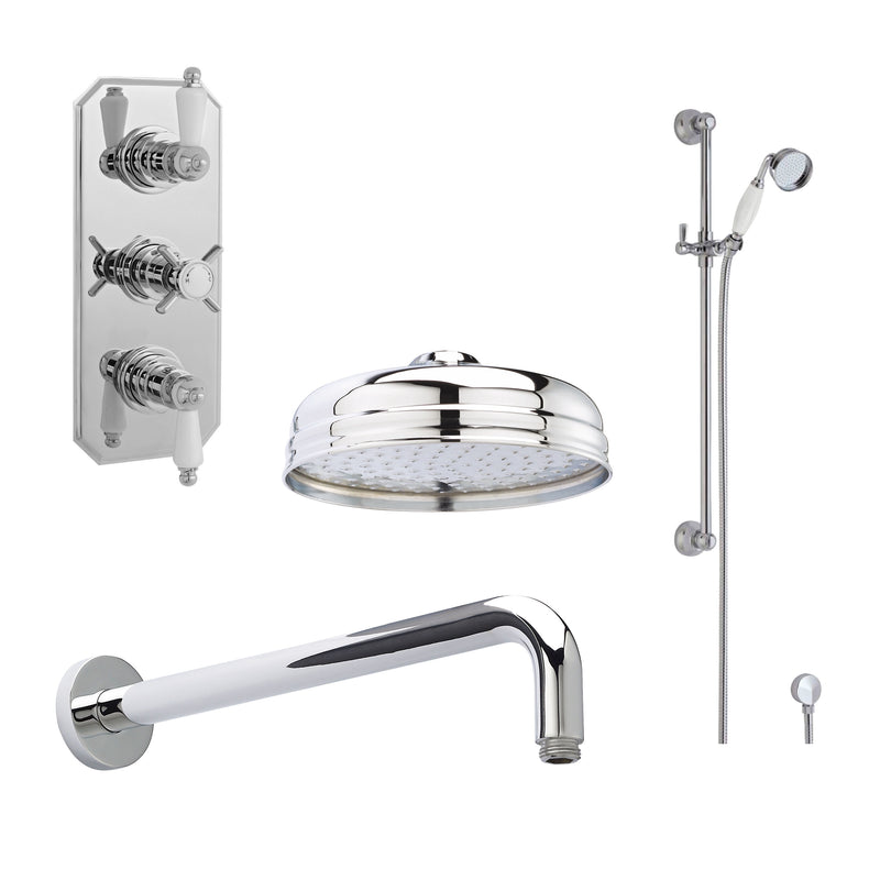 Nuie Edwardian Chrome Triple Thermostatic Shower Set with Arm, Fixed Head & Slide Rail Kit — SBT57TR2