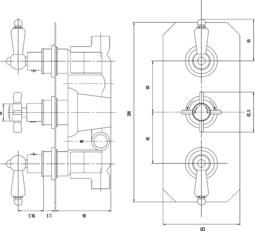 Nuie Edwardian Triple Thermostatic Shower Valve Chrome (A3057) line drawing
