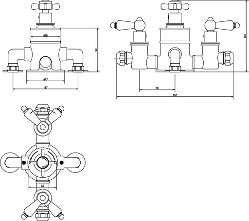 Nuie Edwardian Triple Thermostatic Shower Valve Chrome (A3057E) line drawing