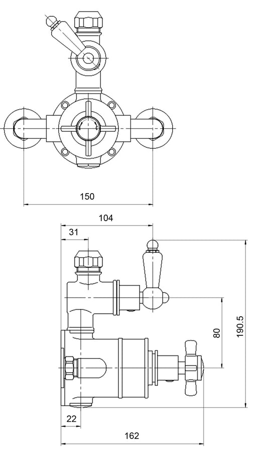 Nuie Edwardian Twin Thermostatic Shower Valve Chrome (A3056) line drawing