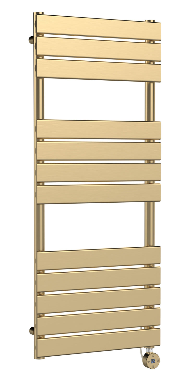 Nuie Brushed Brass 1213 x 500mm vertical electric flat panel heated towel rail