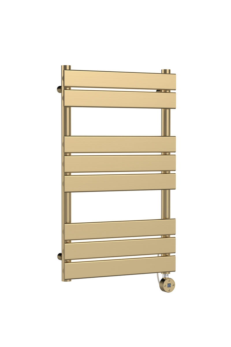 Nuie Brushed Brass 840 x 500mm vertical electric flat panel heated towel rail