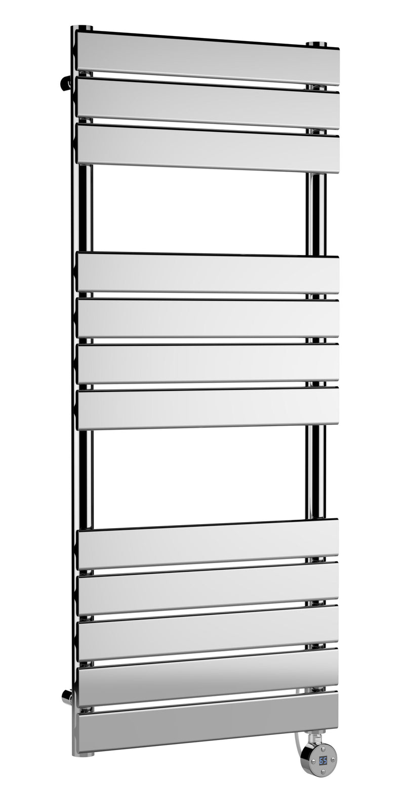 Nuie Chrome 1213 x 500mm vertical electric flat panel heated towel rail