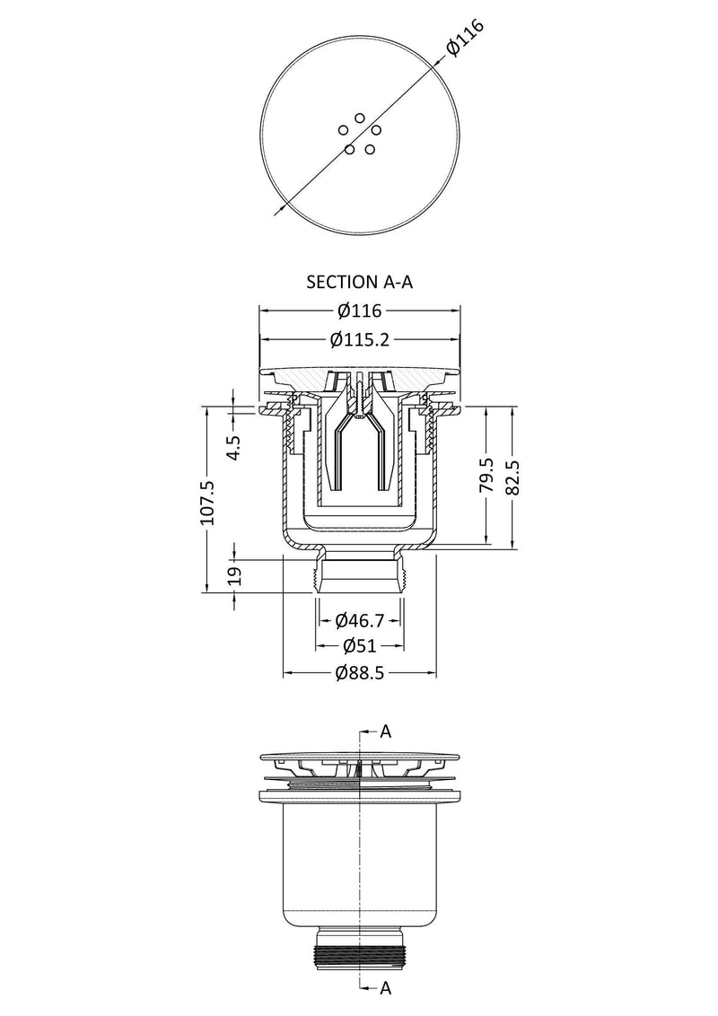 Nuie Fast Flow Shower Tray Waste line drawing