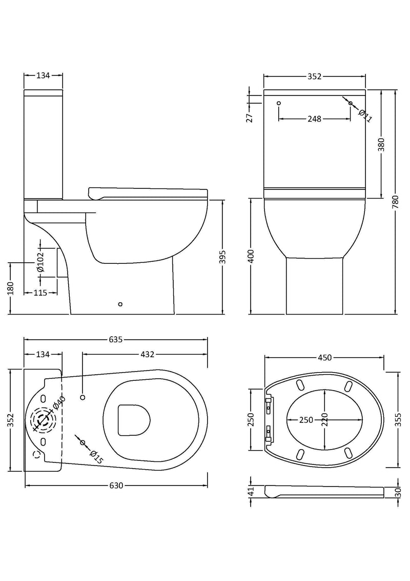Nuie Fay rimless close coupled toilet line drawing with dimensions