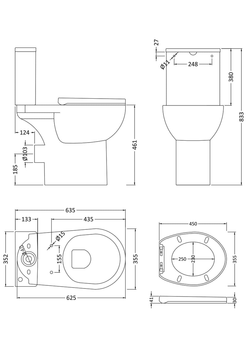Nuie Fay Rimless Comfort Height Close Coupled Toilet with Soft Close Seat (NCS791) line drawing