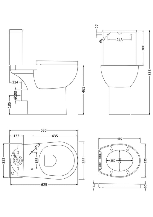 Nuie Fay Rimless Comfort Height Close Coupled Toilet with Soft Close Seat (NCS791) line drawing