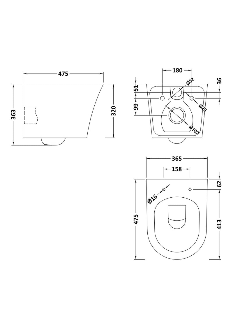 Nuie Fenton 5-in-1 wall hung toilet pack line drawing with dimensions