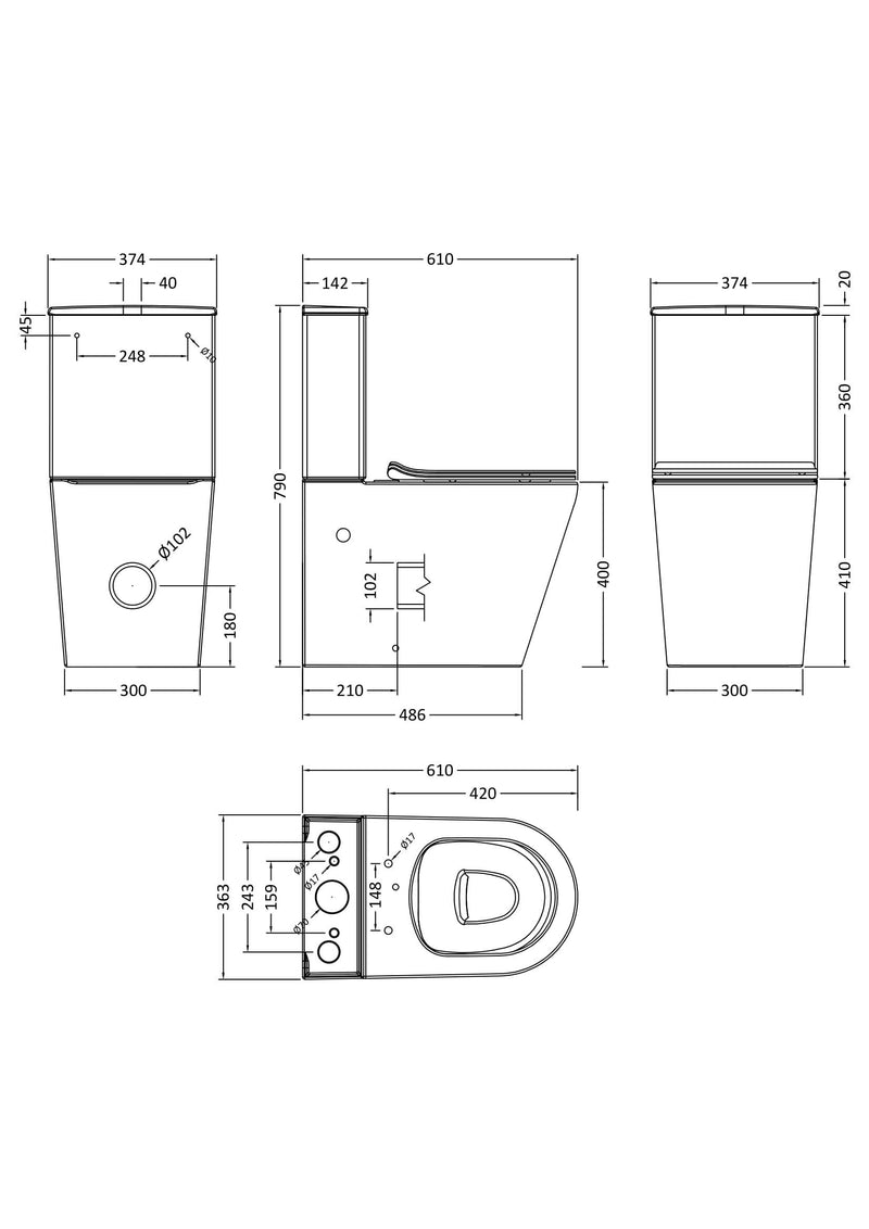 Nuie Fenton close coupled toilet line drawing with dimensions