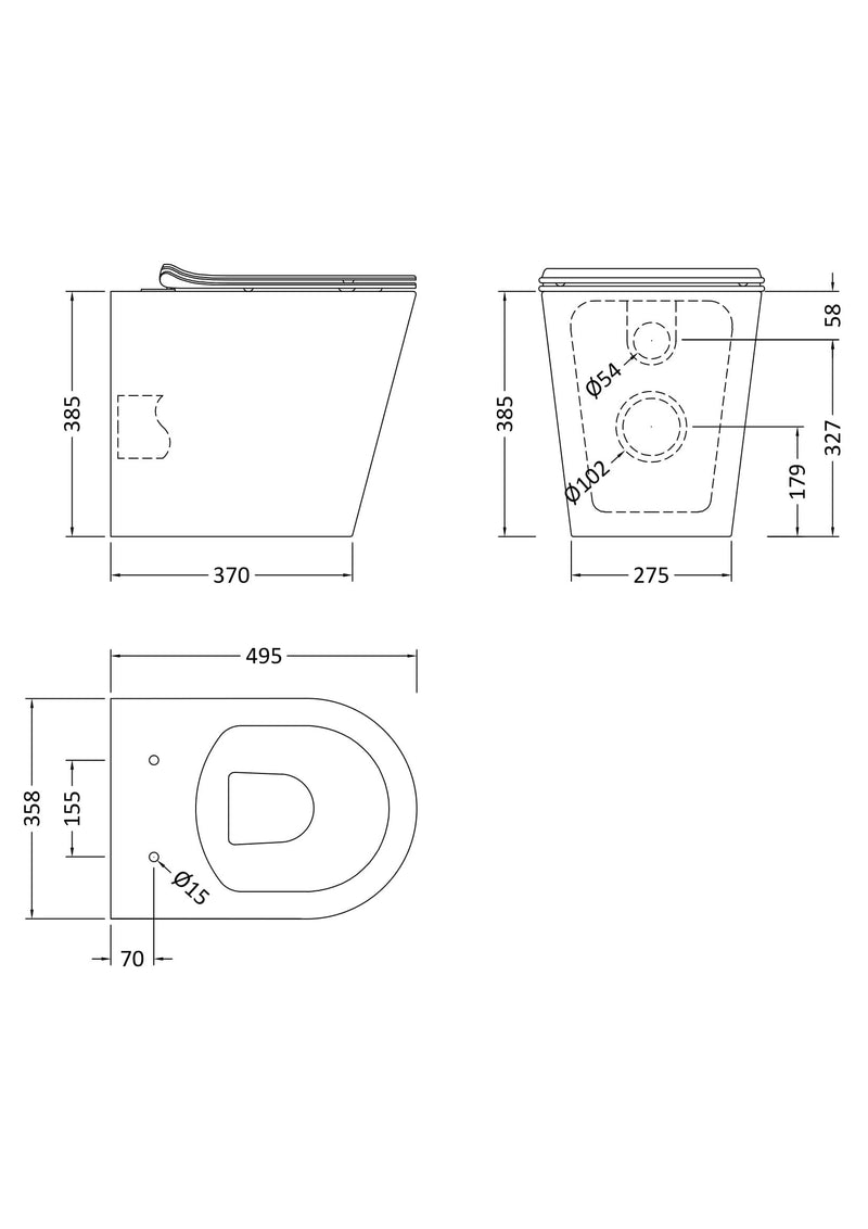 Nuie Fenton rimless back to wall toilet pan line drawing with dimensions