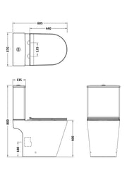 Nuie Fenton rimless close coupled toilet line drawing with dimensions