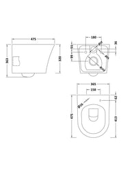Nuie Fenton rimless wall hung toilet pan line drawing with dimensions