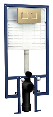 Nuie Fenton wall hung pan with full height wall frame and brushed brass square flush plate