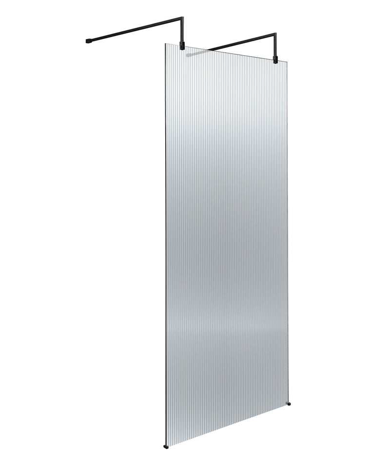 Nuie Fluted Wetroom Screen with Support Arms 2091mm (All Sizes) in 800mm Matt Black (NWAF1980BP)