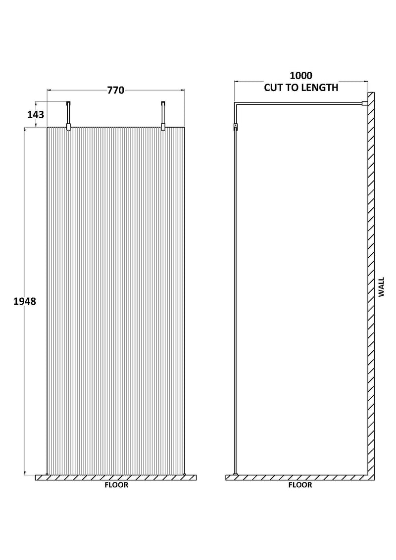 Nuie Fluted Wetroom Screen with Support Arms 2091mm (All Sizes) line drawing