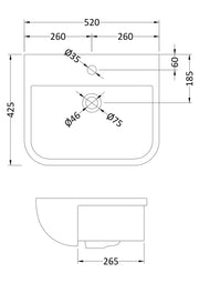 Nuie Fossil 500mm Ceramic Square Semi-Recessed Basin 1 Tap Hole (SRB003) line drawing