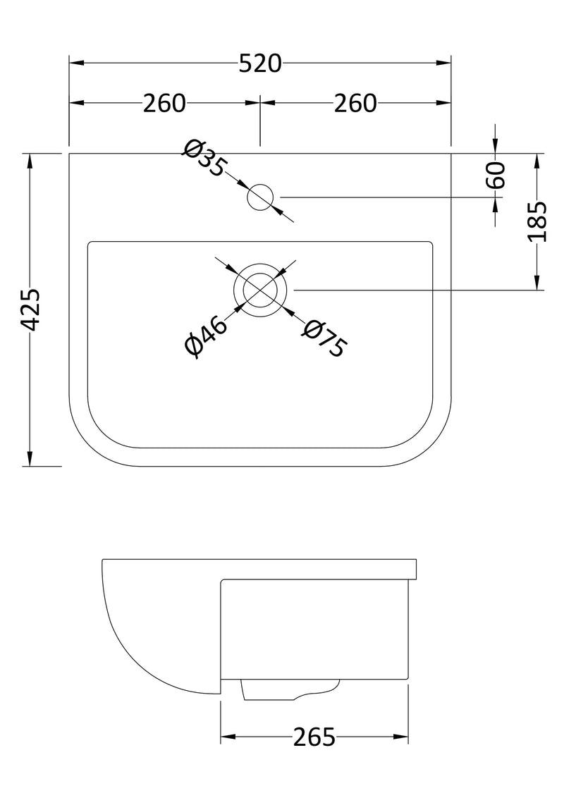 Nuie Fossil 500mm Ceramic Square Semi-Recessed Basin 1 Tap Hole (SRB003) line drawing