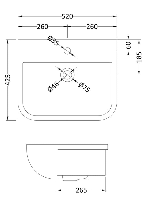 Nuie Fossil 500mm Ceramic Square Semi-Recessed Basin 1 Tap Hole (SRB003) line drawing