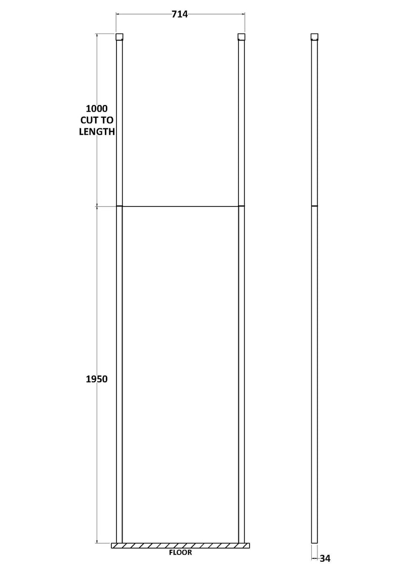 Nuie Framed Wetroom Screen with Ceiling Posts 1950mm (All Sizes) line drawing