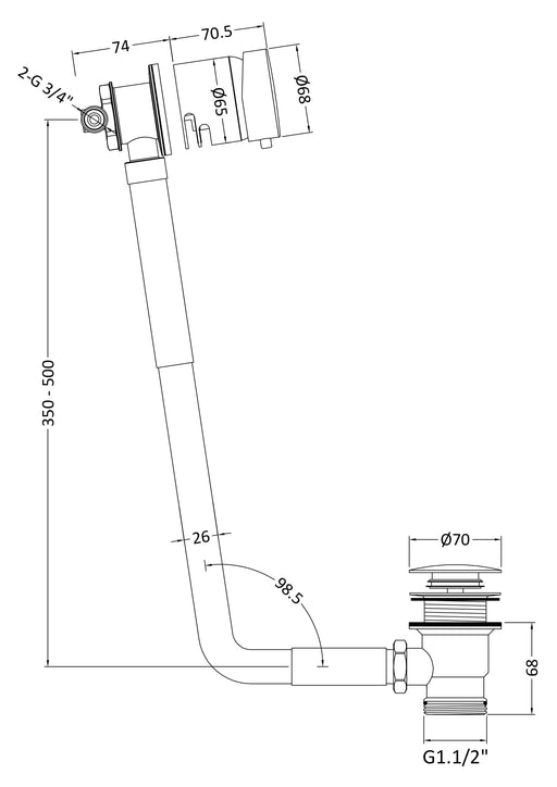Nuie Freeflow Bath Filler Brushed Brass (E801) line drawing
