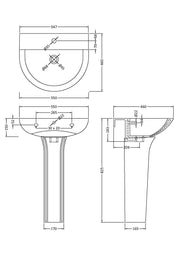 Nuie Freya 550mm basin and pedestal line drawing with dimensions