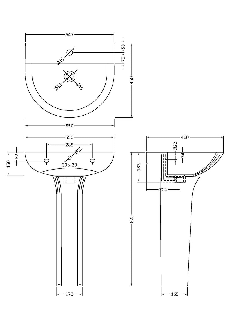 Nuie Freya 550mm basin and pedestal line drawing with dimensions