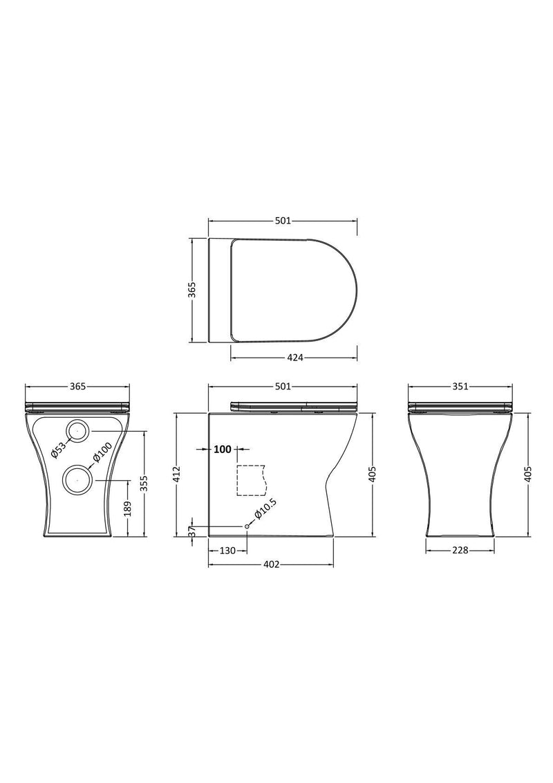 Nuie Freya round back to wall toilet pan line drawing with dimensions
