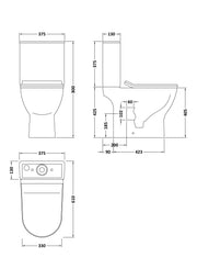 Nuie Freya short projection close coupled toilet line drawing with dimensions
