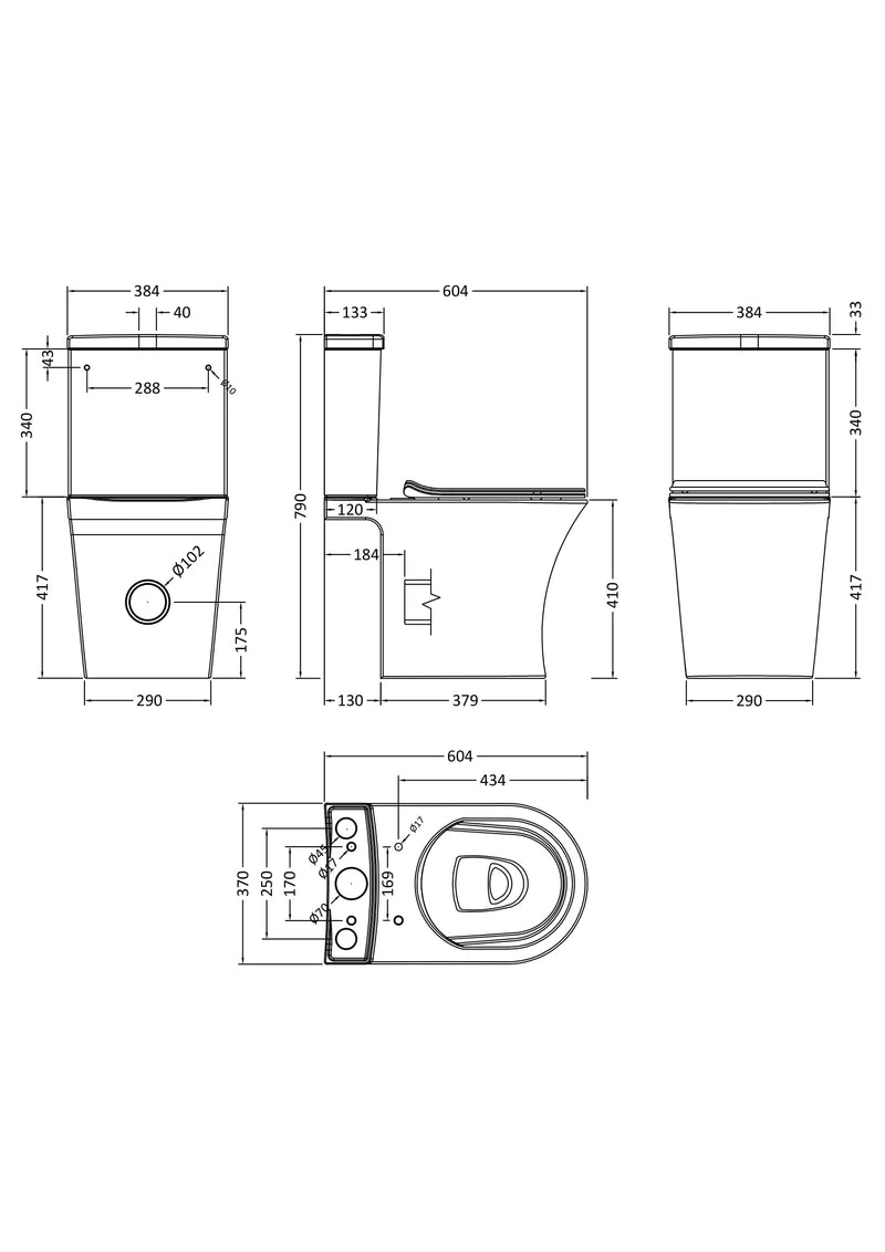 Nuie Freya close coupled toilet line drawing with dimensions