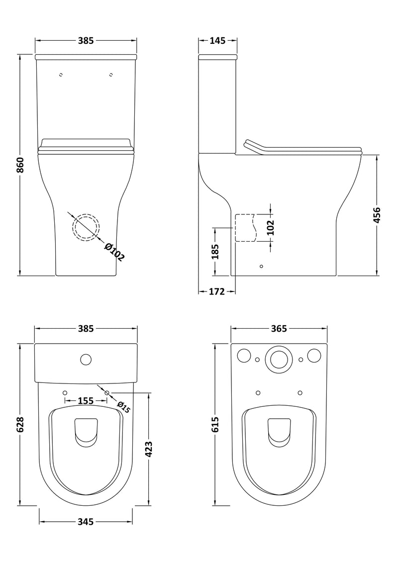 Nuie Freya rimless comfort height close coupled toilet line drawing with dimensions