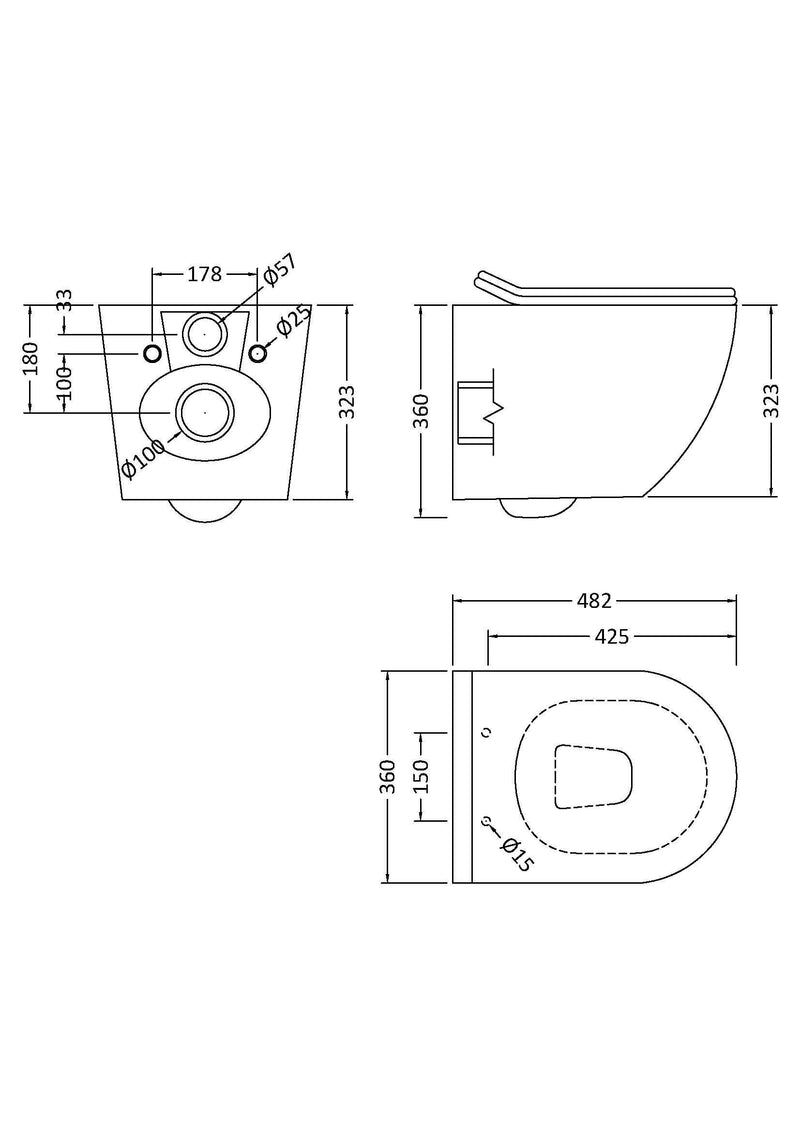 Nuie Freya wall hung toilet pan line drawing with dimensions