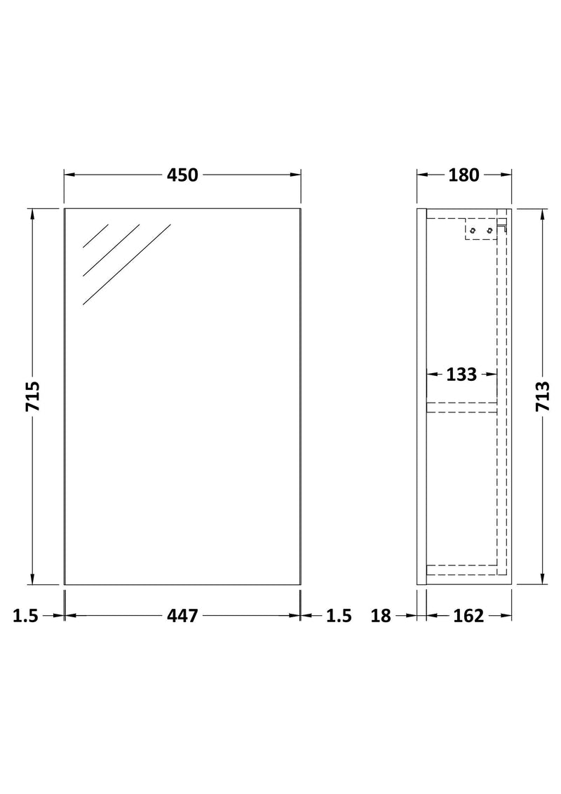 Nuie Fusion 450mm Wall Hung Mirror Cabinet line drawing
