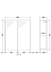 Nuie Fusion 600mm Wall Hung 50/50 Mirror Cabinet line drawing