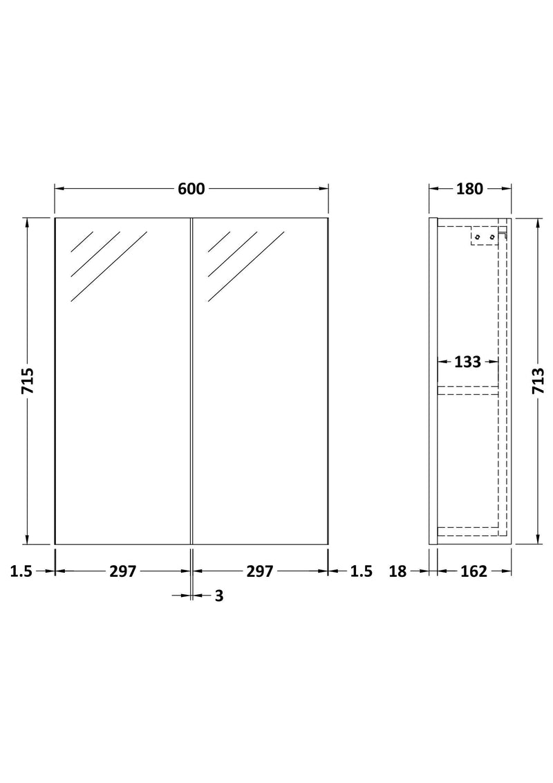 Nuie Fusion 600mm Wall Hung 50/50 Mirror Cabinet line drawing