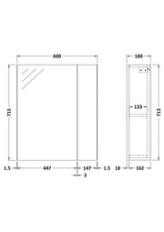 Nuie Fusion 600mm Wall Hung Single Door Mirror Cabinet line drawing