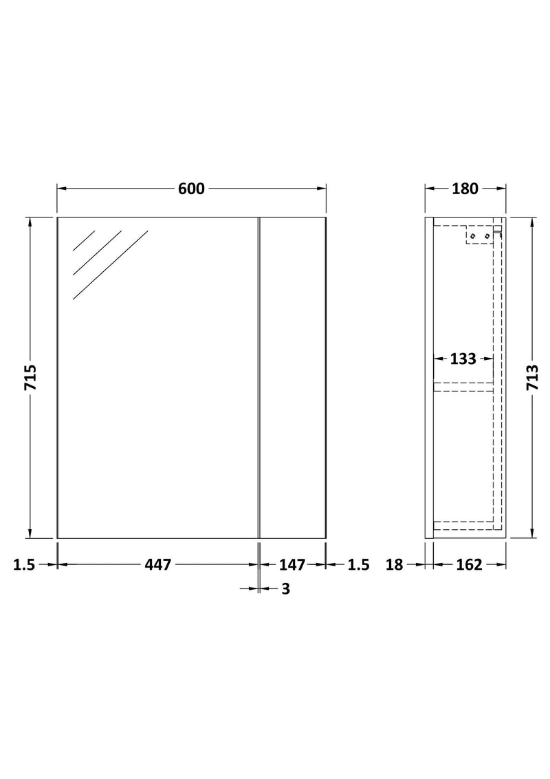 Nuie Fusion 600mm Wall Hung Single Door Mirror Cabinet line drawing