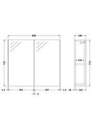 Nuie Fusion 800mm Wall Hung 50/50 Mirror Cabinet line drawing