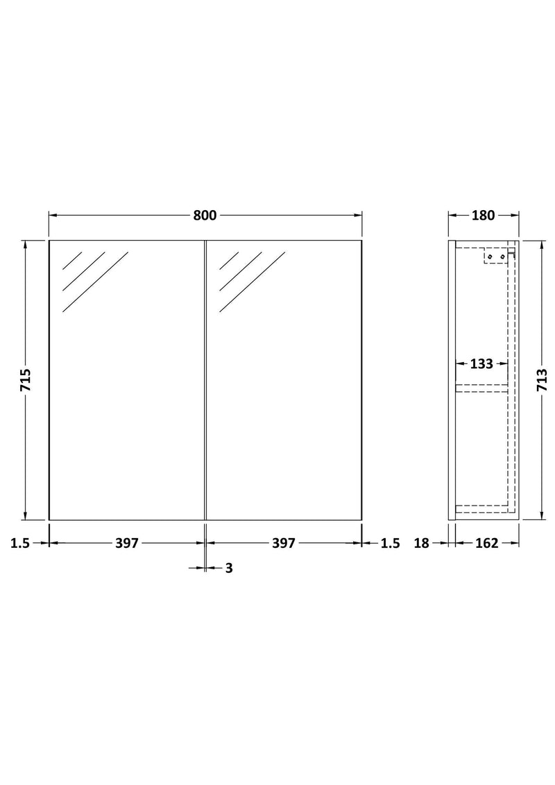 Nuie Fusion 800mm Wall Hung 50/50 Mirror Cabinet line drawing