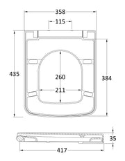 Nuie Gloss White D-Shaped Soft Close Toilet Seat with Quick Release Hinge (NCH198) line drawing
